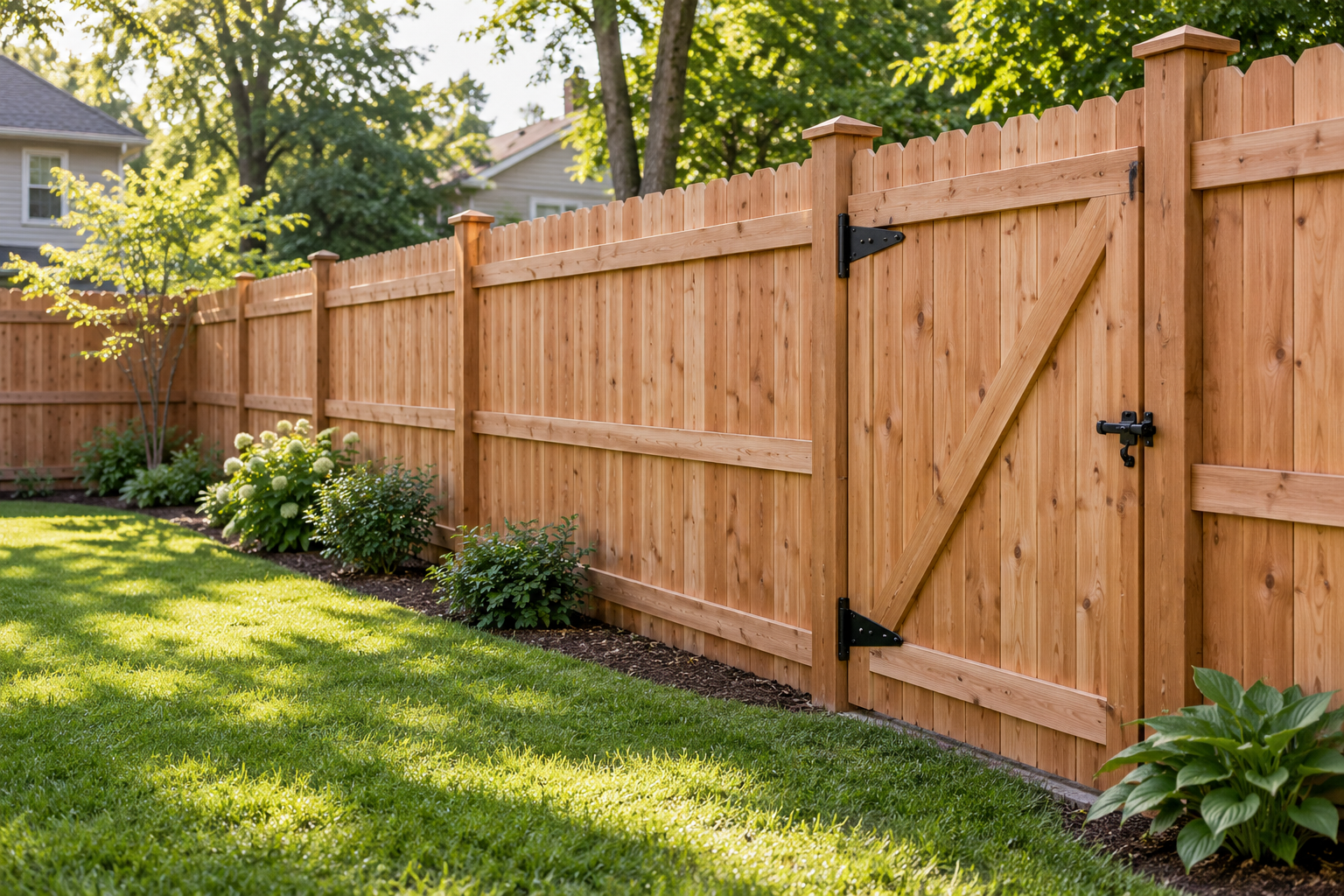 Illustrative cedar privacy fence with a walk-through gate and black hardware